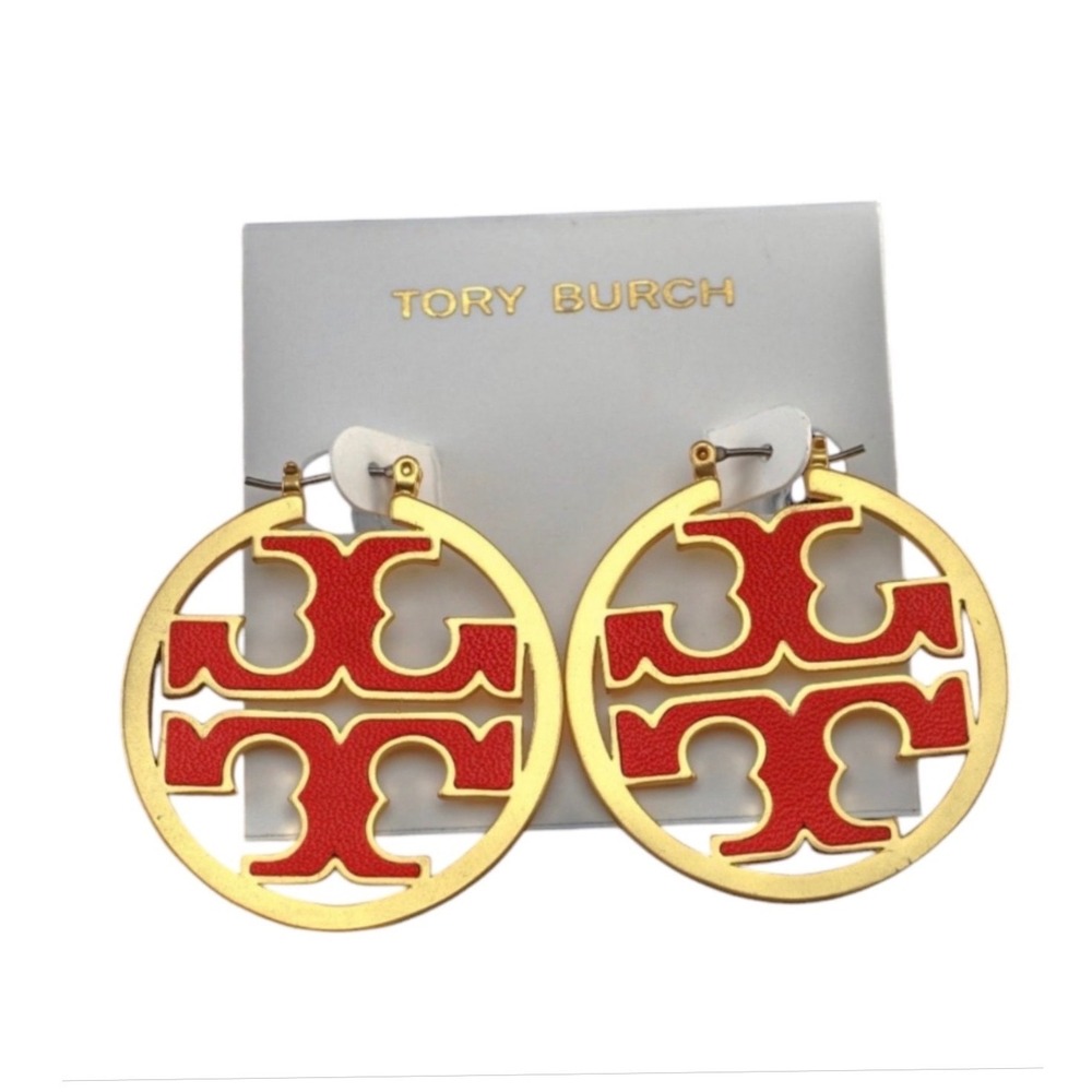Tory Burch Miller Hoop Earrings Red Enamel Gold Tone Double T Logo Statement NWT